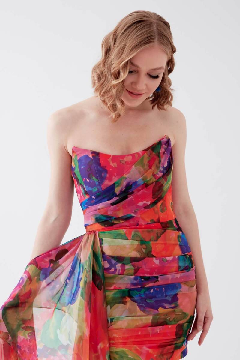 Multi Straplez Drapeli Desenli Şifon Mini Abiye Elbise 22