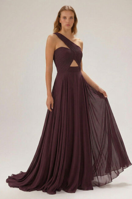 Mürdüm Tek Omuz Drapeli Yırtmaçlı Abiye Elbise 99 - ŞEREF VURAL