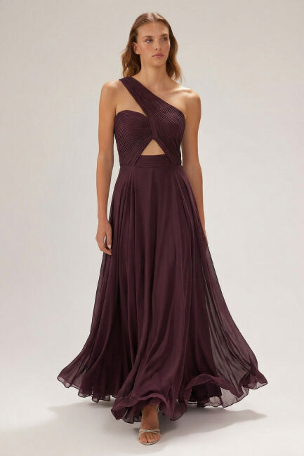 Mürdüm Tek Omuz Drapeli Yırtmaçlı Abiye Elbise 99 - 3