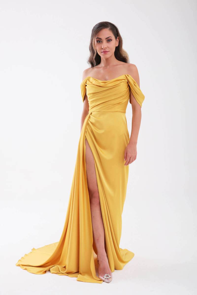 Mustard strapless degage low sleeve slit evening dress dress - 1