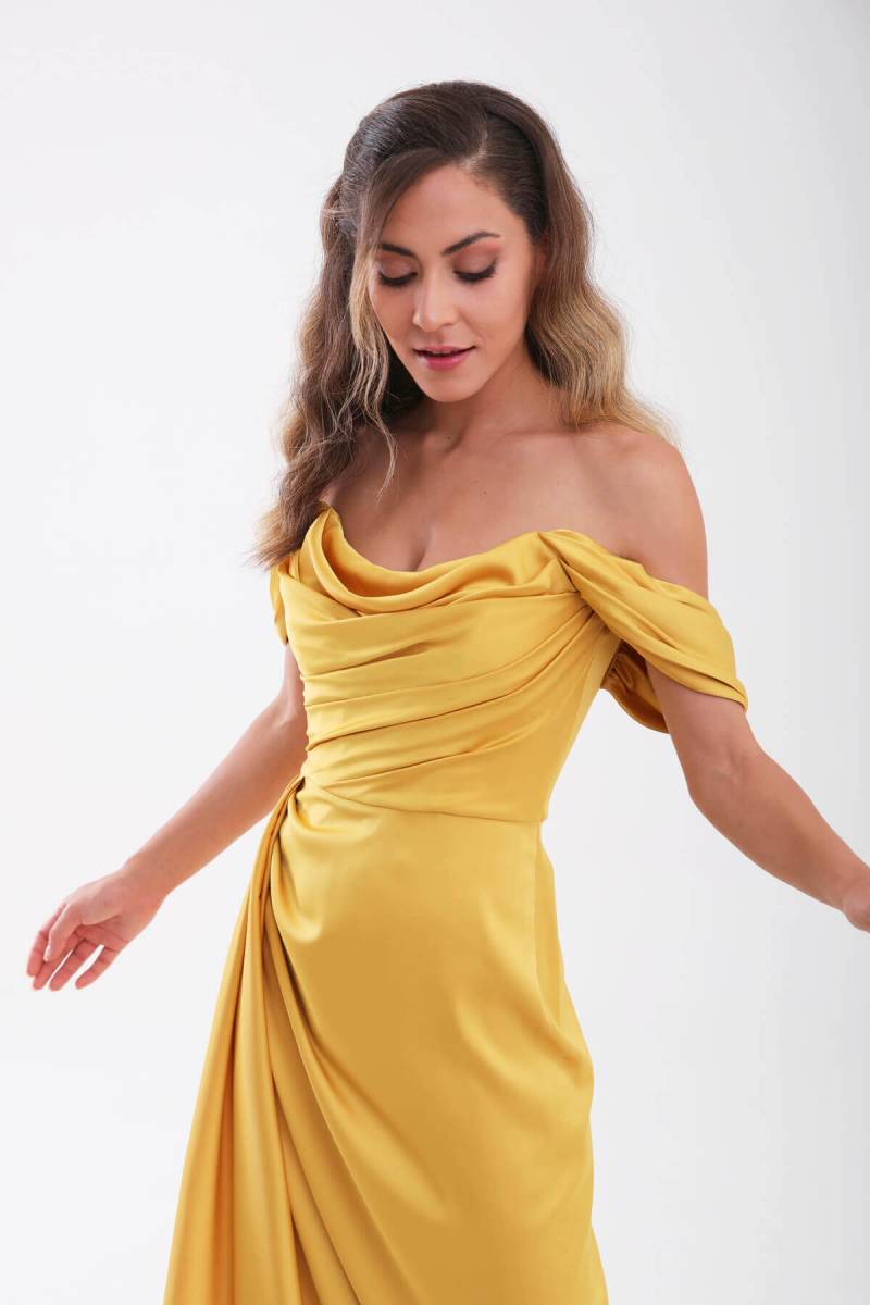 Mustard strapless degage low sleeve slit evening dress dress - 2