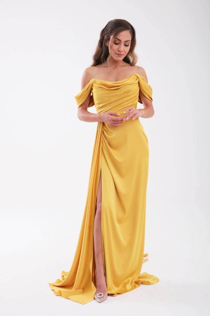 Mustard strapless degage low sleeve slit evening dress dress - 3