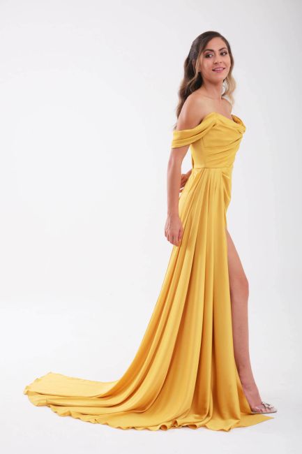 Mustard strapless degage low sleeve slit evening dress dress - 4