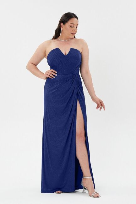 Navy Blind Son -Nodded Bright Fabric Large Size Evening Dress 08 