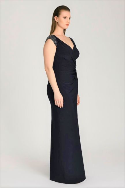 Navy blue thick hanger low arm draped big size evening dresses 49 