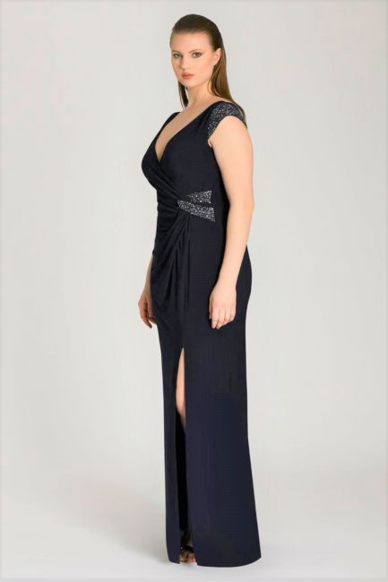 Navy blue thick hanger low arm draped big size evening dresses 49 - 2