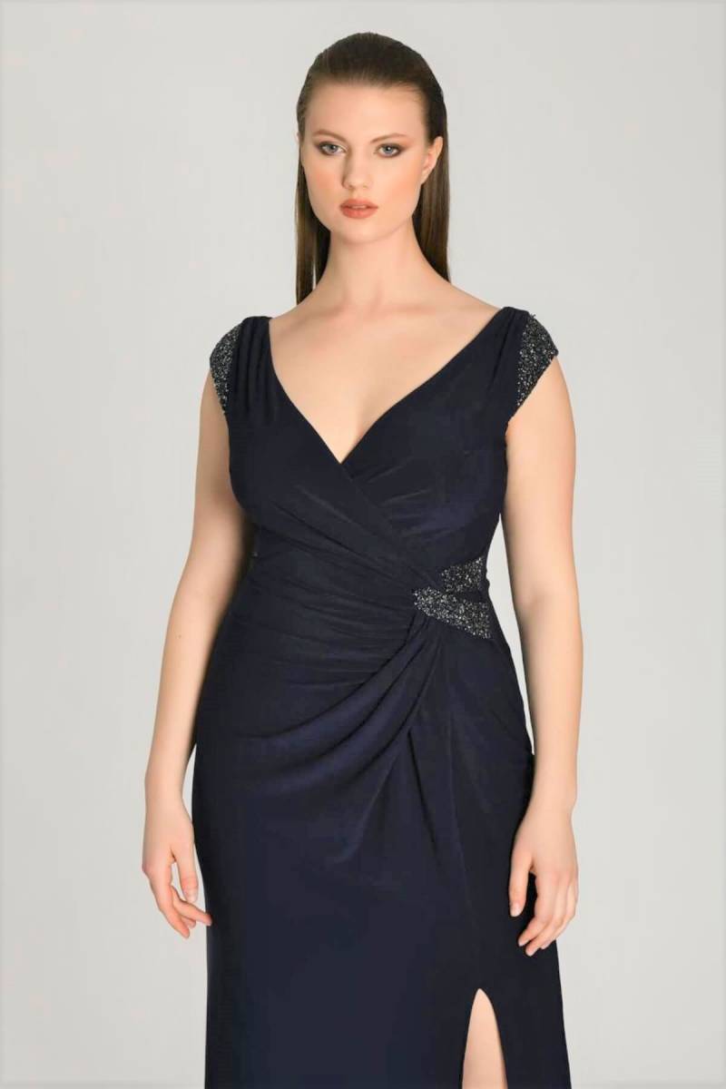 Navy blue thick hanger low arm draped big size evening dresses 49 - 3