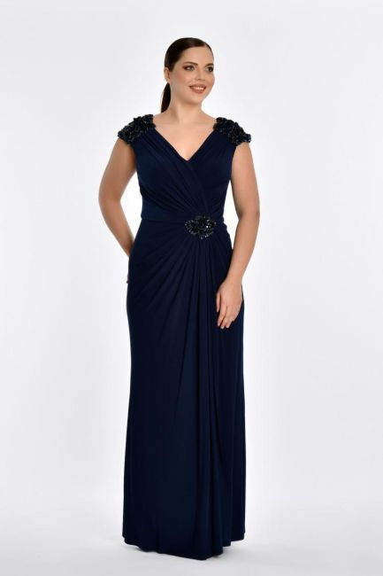 Navy Blue V -Neck Drape Big Size Evening Dress - 1