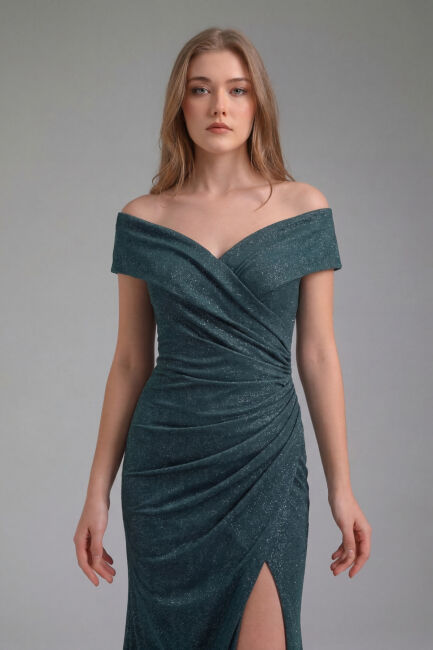 Nefti Kruvaze Drapeli Simli Yırtmaçlı Büyük Beden Abiye Elbise 59 - 2