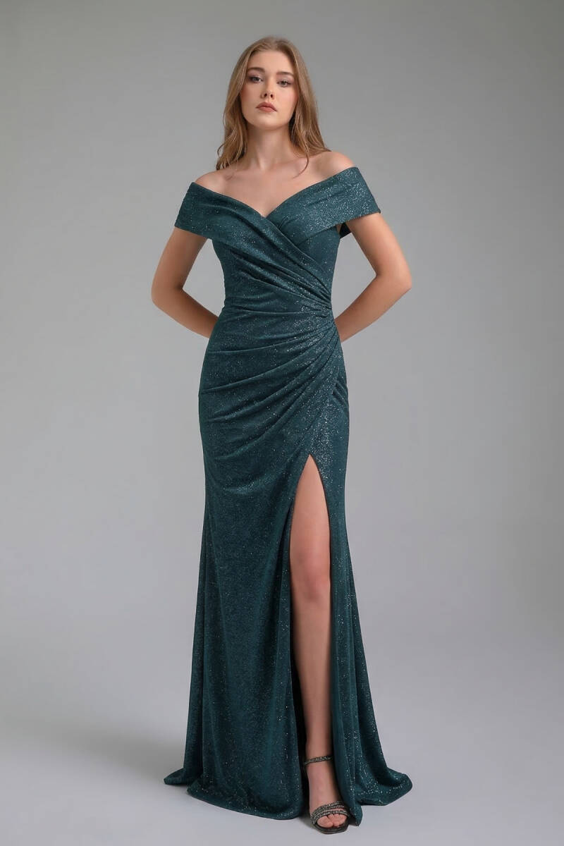 Nefti Kruvaze Drapeli Simli Yırtmaçlı Büyük Beden Abiye Elbise 59 - 1