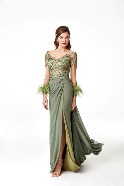 Olive V -neck Long Arm Furry Embroidered Slip Large Size Evening Dress - 2