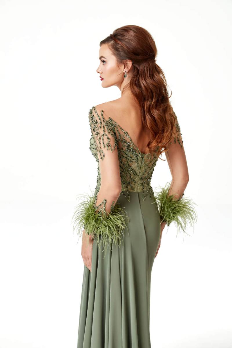 Olive V -neck Long Arm Furry Embroidered Slip Large Size Evening Dress - 3