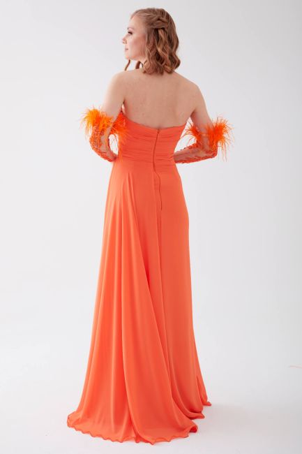 Oranj Öpücük Yaka Tak Çıkar Kol Tüylü Yırtmaçlı Şifon Abiye Elbise - Thumbnail