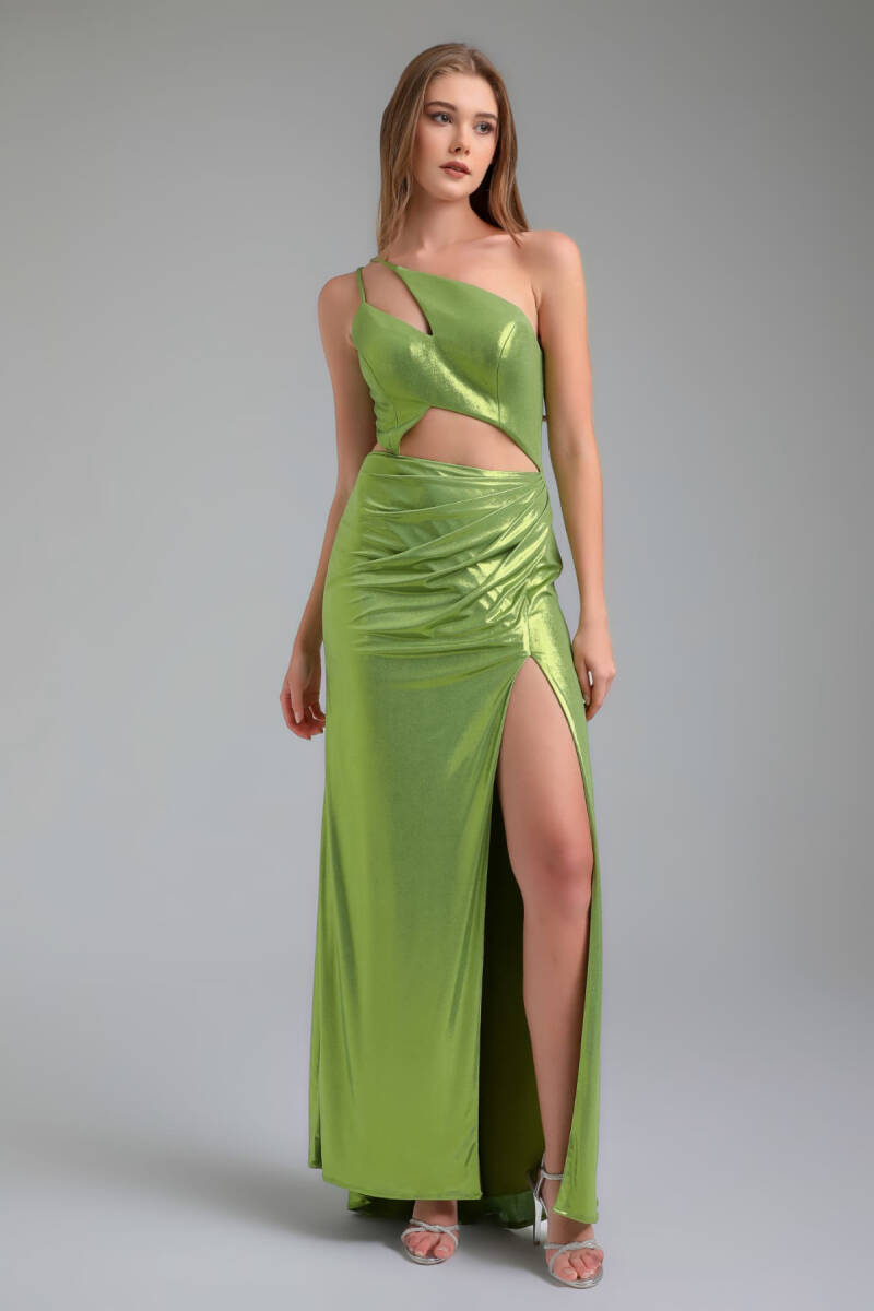 Peanut Single Shoulder Waist Dicked Drape Bright Fabric Evening Dress 07 - 1