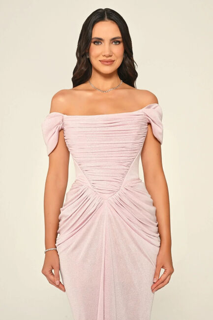 Pembe Düşük Kol Drapeli Şallı Parlak Kumaş Abiye Elbise 00 - 3