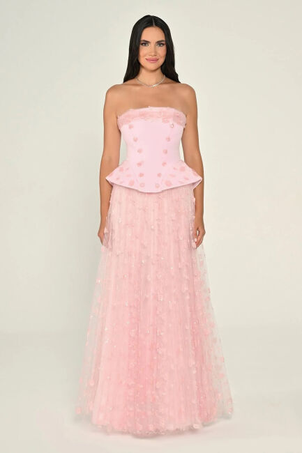 Pembe Gepiyerli Straplez Payetli Pilitse Etekli Abiye Elbise 20 - ALFABETA