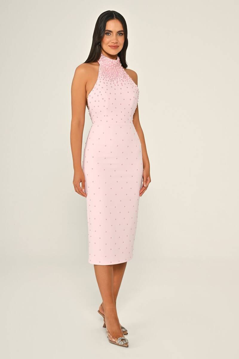 Pembe Halter Yaka Boncuklu Krep Midi Boy Abiye Elbise 28 - 2