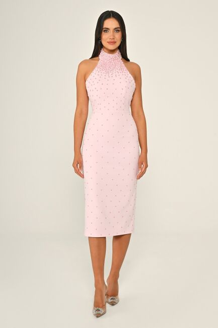 Pembe Halter Yaka Boncuklu Krep Midi Boy Abiye Elbise 28 - 1