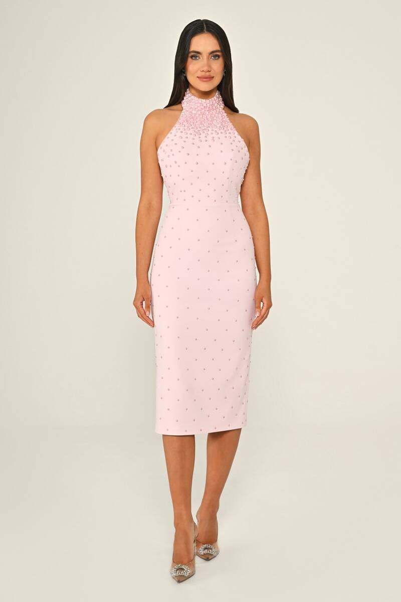 Pembe Halter Yaka Boncuklu Krep Midi Boy Abiye Elbise 28 - 1