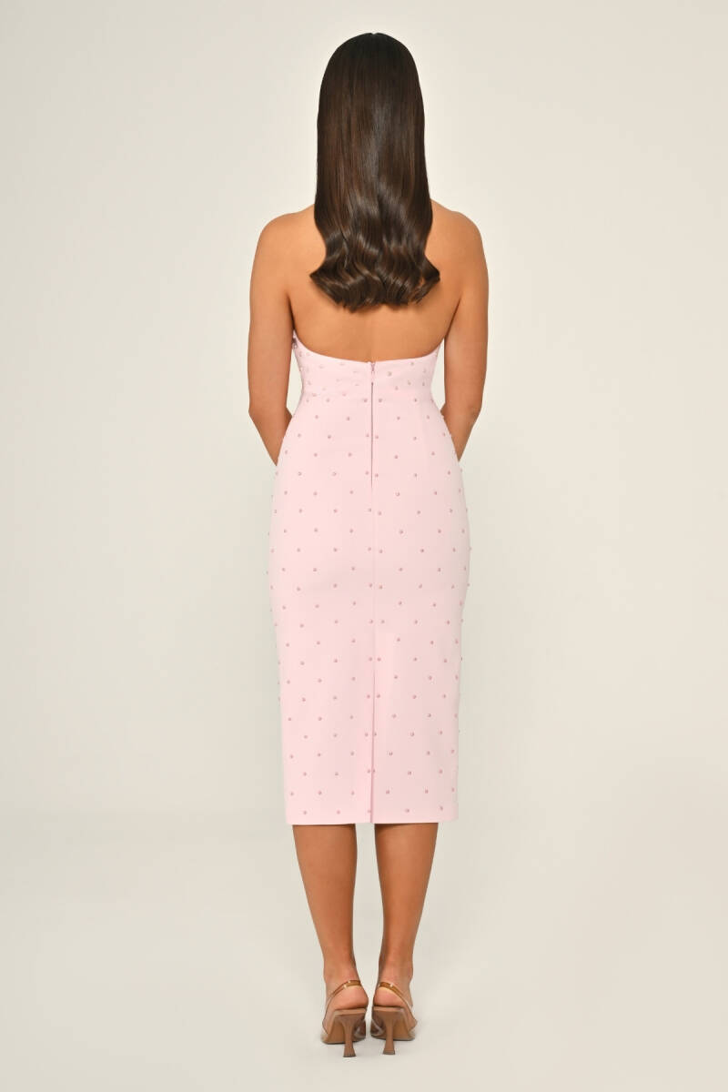 Pembe Halter Yaka Boncuklu Krep Midi Boy Abiye Elbise 28 - 3