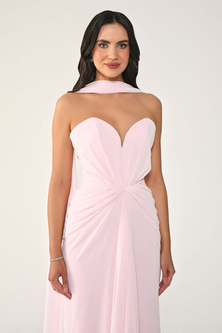 Pembe Kalp Yaka Drapeli Yırtmaçlı Şifon Abiye Elbise 07 - 2