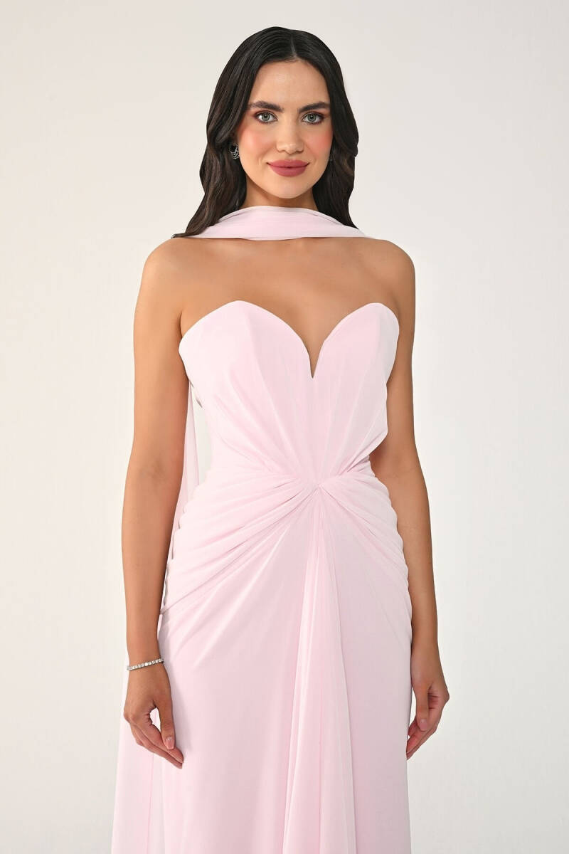 Pembe Kalp Yaka Drapeli Yırtmaçlı Şifon Abiye Elbise 07 - 2