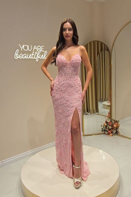 Pembe Korsajlı Sırtı Biritli Yırtmaçlı İşlemeli Abiye Elbise 39 - CENGİZ SARIKÇIOĞLU