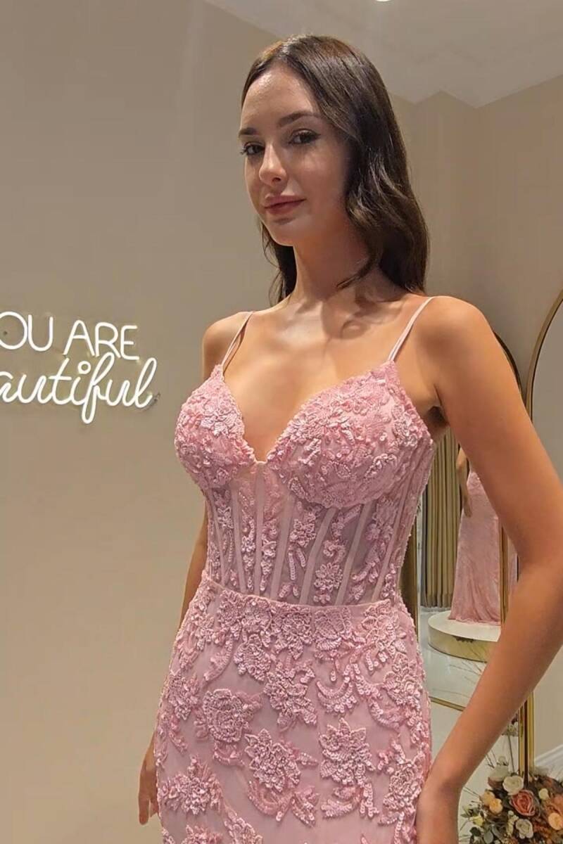 Pembe Korsajlı Sırtı Biritli Yırtmaçlı İşlemeli Abiye Elbise 39 - 3