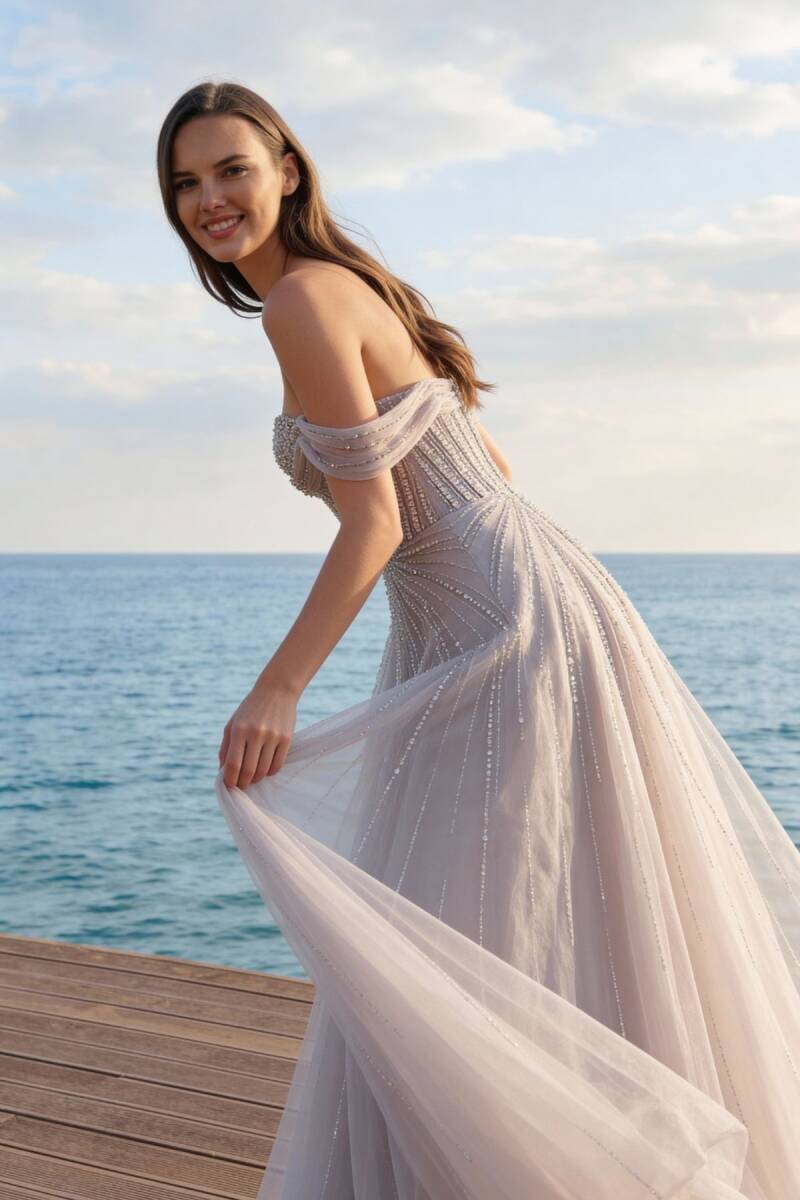 Pembe Öpücük Yaka Düşük Kol İthal Abiye Elbise 13 - 2