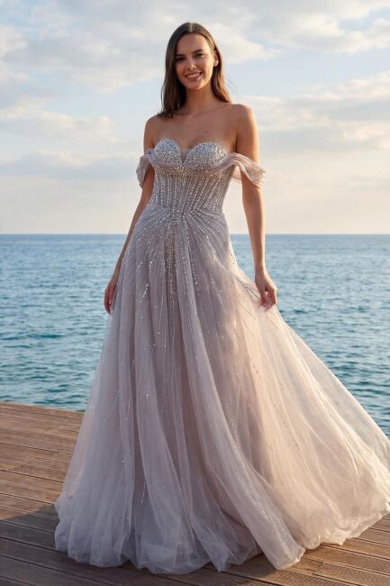 Pembe Öpücük Yaka Düşük Kol İthal Abiye Elbise 13 - 1