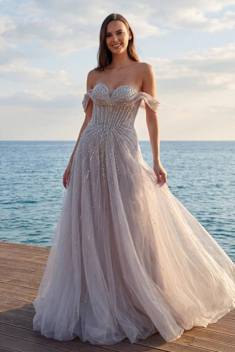 Pembe Öpücük Yaka Düşük Kol İthal Abiye Elbise 13 - 1