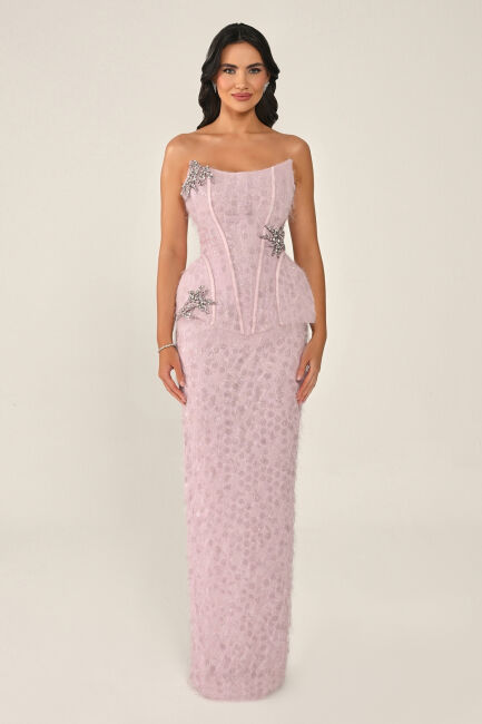 Pembe Sivri Yaka Balenli Taşlı Abiye Elbise 32 - ALFABETA