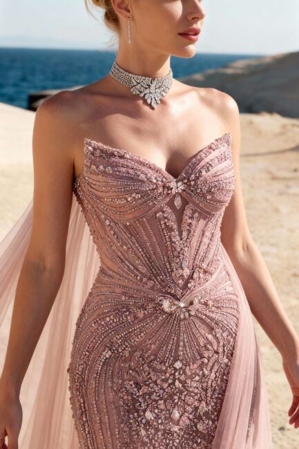 Pembe Sivri Yaka Pelerinli Balık İthal Abiye Elbise 24 - 2