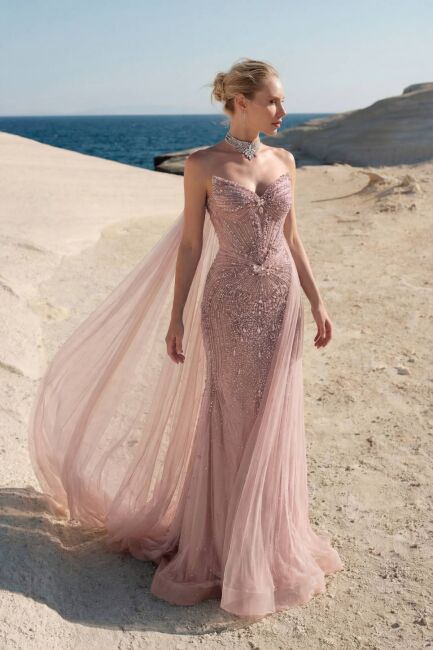 Pembe Sivri Yaka Pelerinli Balık İthal Abiye Elbise 24 - DRESSİNG ROOM