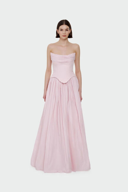 Pembe Staplez Drapeli Korsajlı Tafta Uzun Abiye Elbise 79 - 1