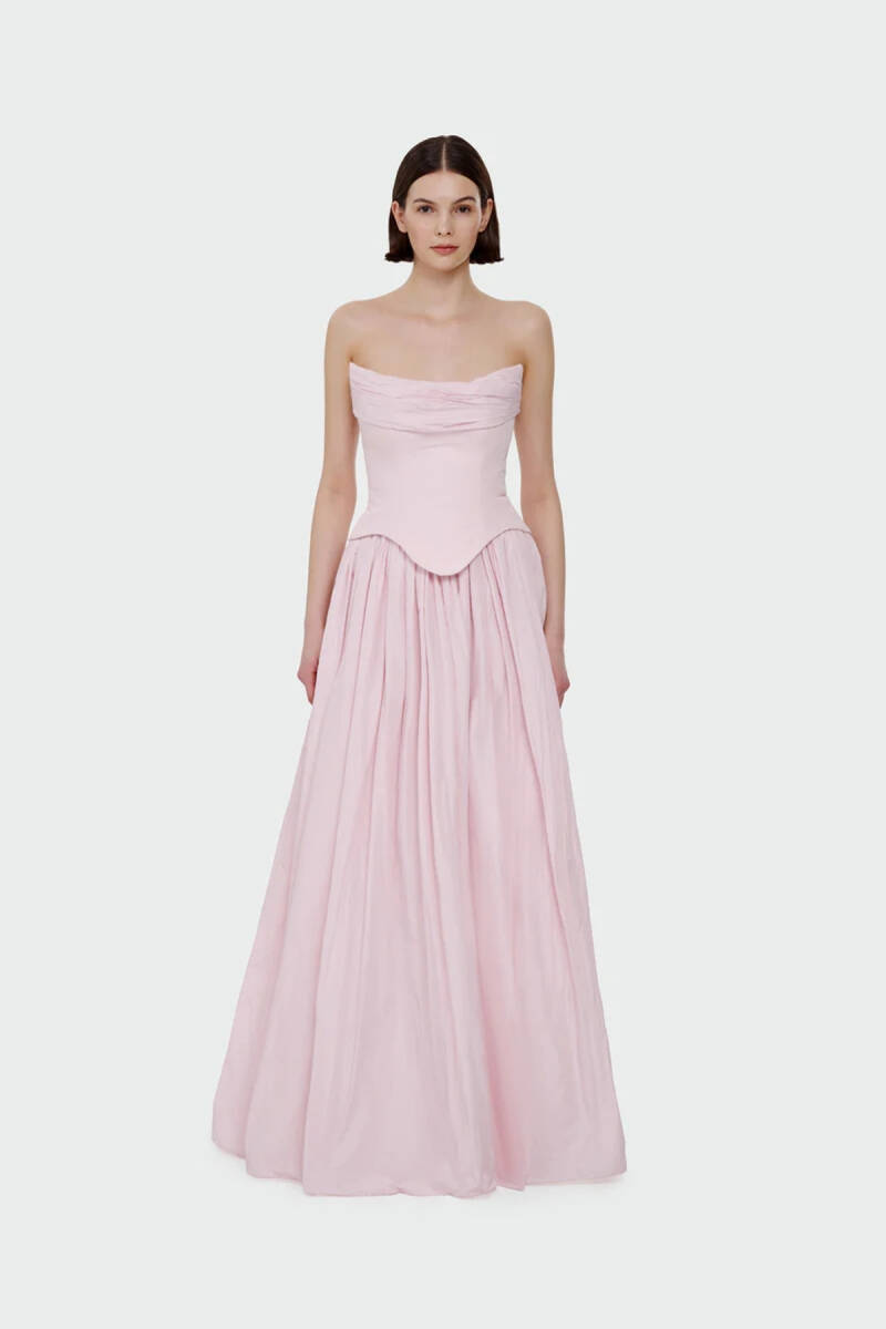 Pembe Staplez Drapeli Korsajlı Tafta Uzun Abiye Elbise 79 - 1