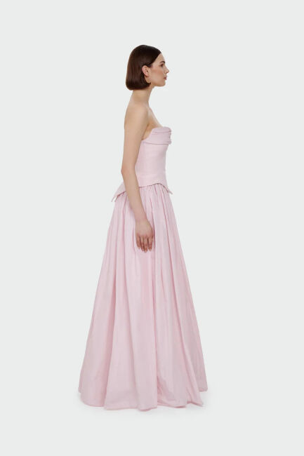 Pembe Staplez Drapeli Korsajlı Tafta Uzun Abiye Elbise 79 - 2
