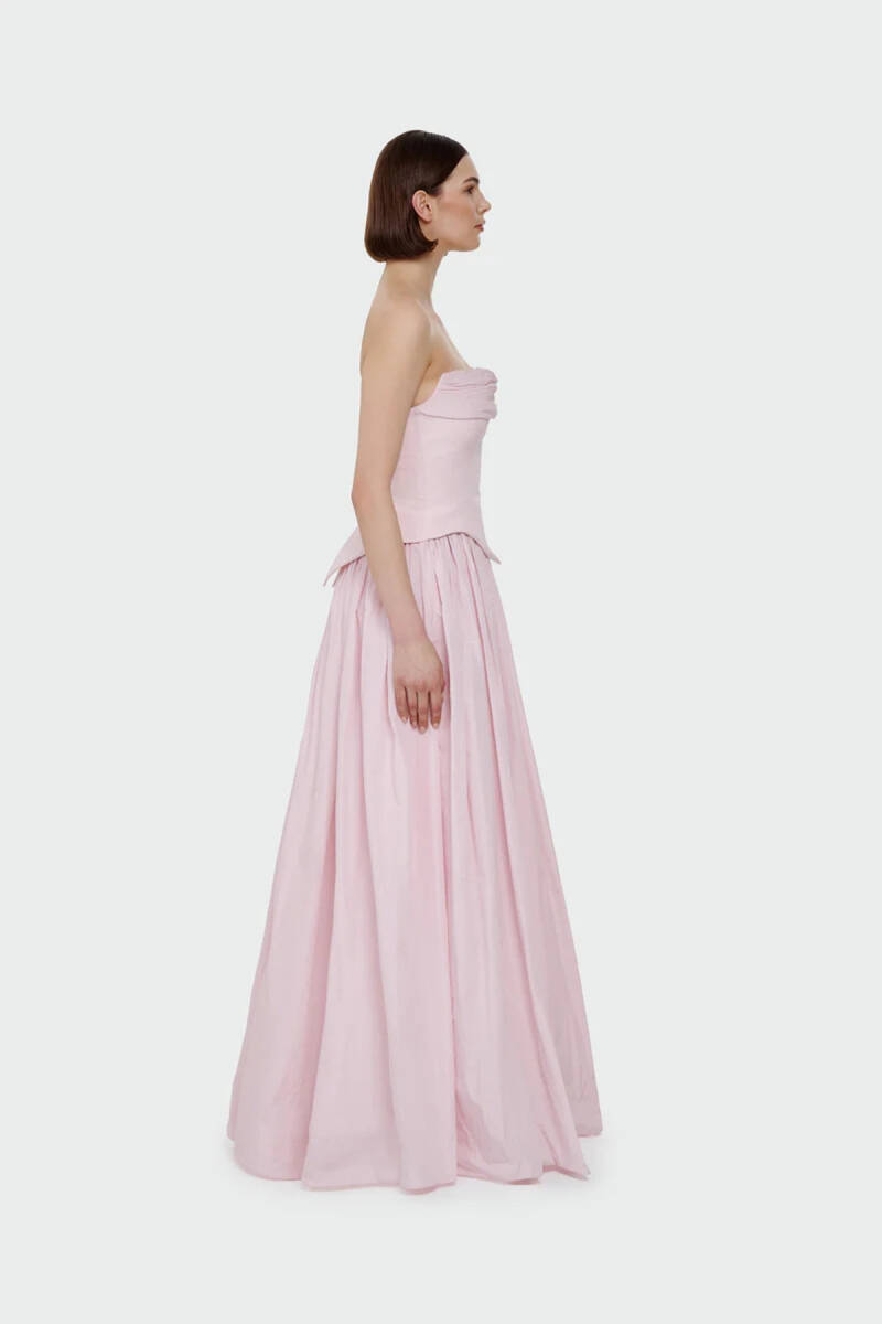 Pembe Staplez Drapeli Korsajlı Tafta Uzun Abiye Elbise 79 - 2