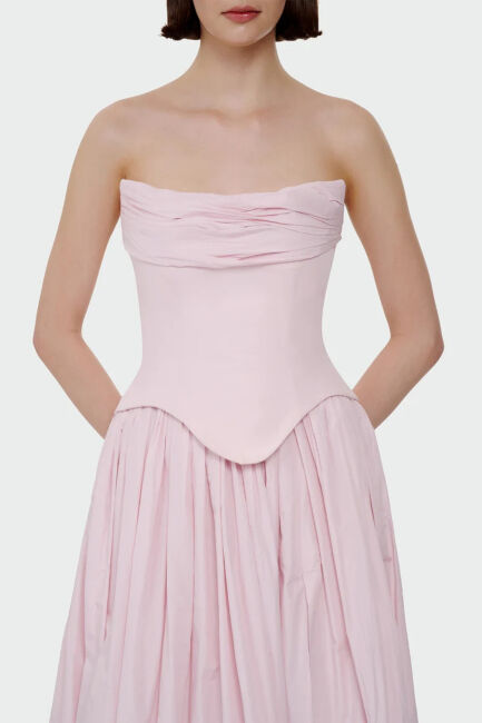 Pembe Staplez Drapeli Korsajlı Tafta Uzun Abiye Elbise 79 - 3