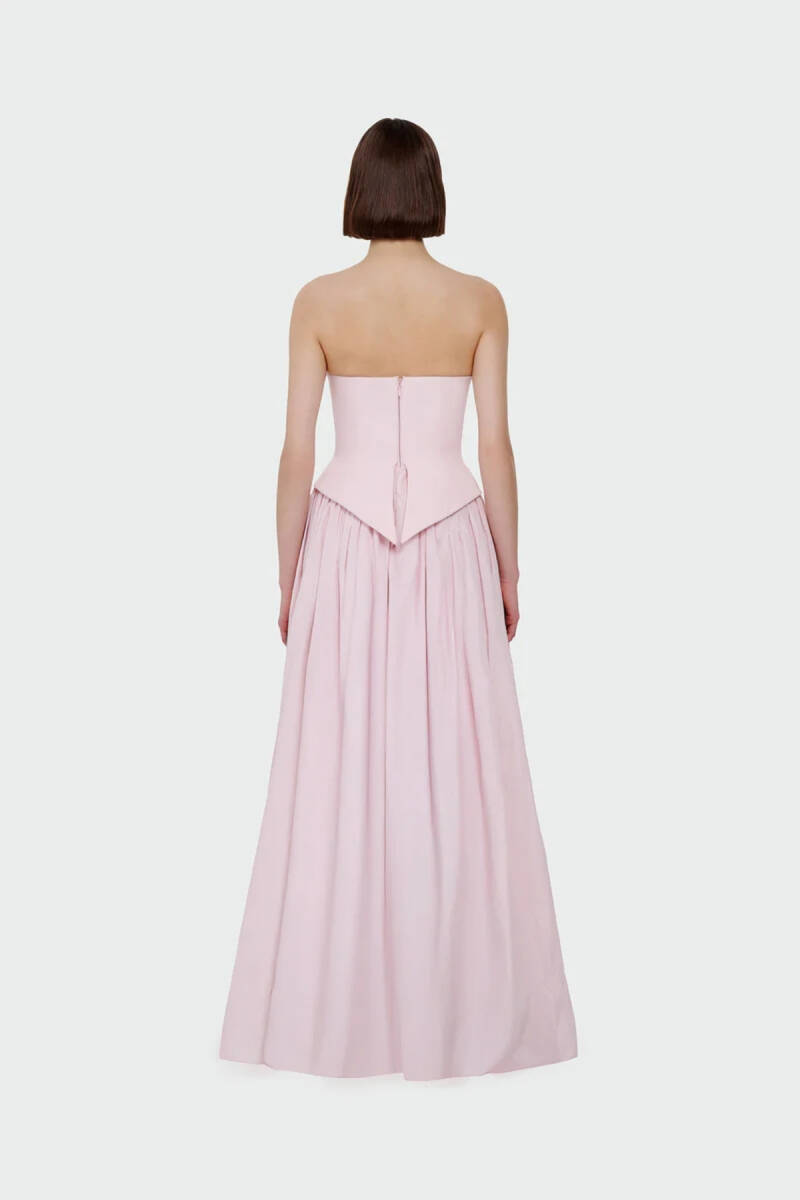 Pembe Staplez Drapeli Korsajlı Tafta Uzun Abiye Elbise 79 - 4