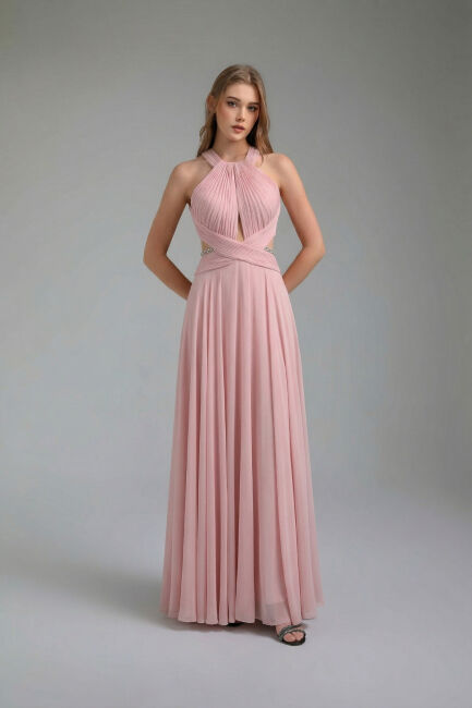 Pembe Stefanel Yaka Sırt Zincir Detay Yırtmaçlı Abiye Elbise 53 - ŞEREF VURAL