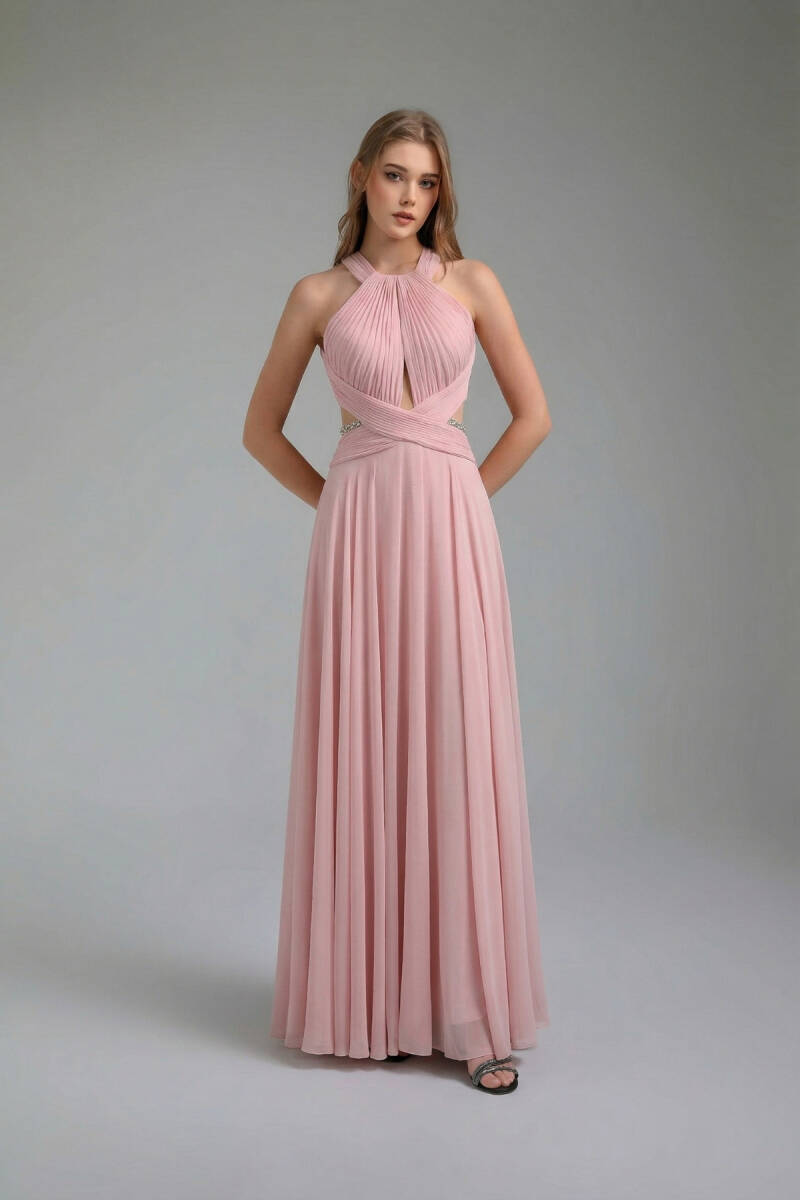 Pembe Stefanel Yaka Sırt Zincir Detay Yırtmaçlı Abiye Elbise 53 - 1