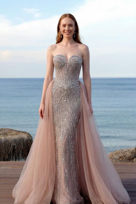 Pembe Straplez Balık Takma Etekli İthal Abiye Elbise 36 - DRESSİNG ROOM