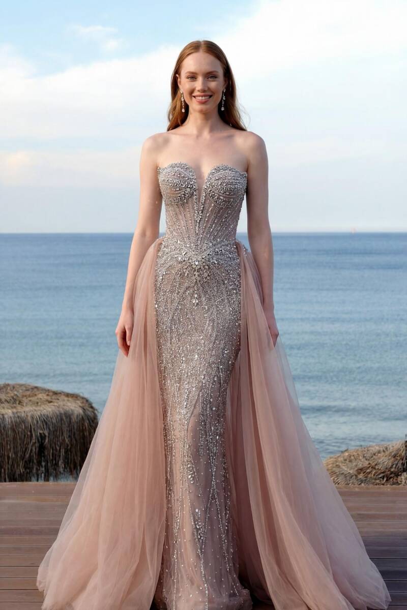 Pembe Straplez Balık Takma Etekli İthal Abiye Elbise 36 - 1