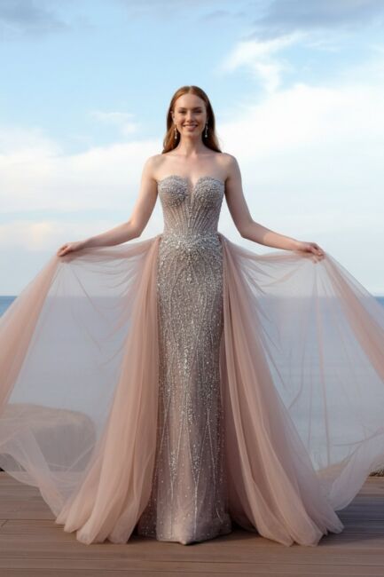 Pembe Straplez Balık Takma Etekli İthal Abiye Elbise 36 - 4