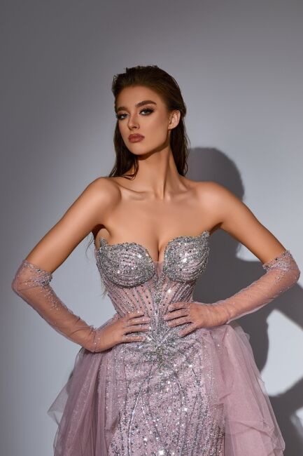 Pembe Straplez Balık Takma Etekli İthal Abiye Elbise 36 - 2