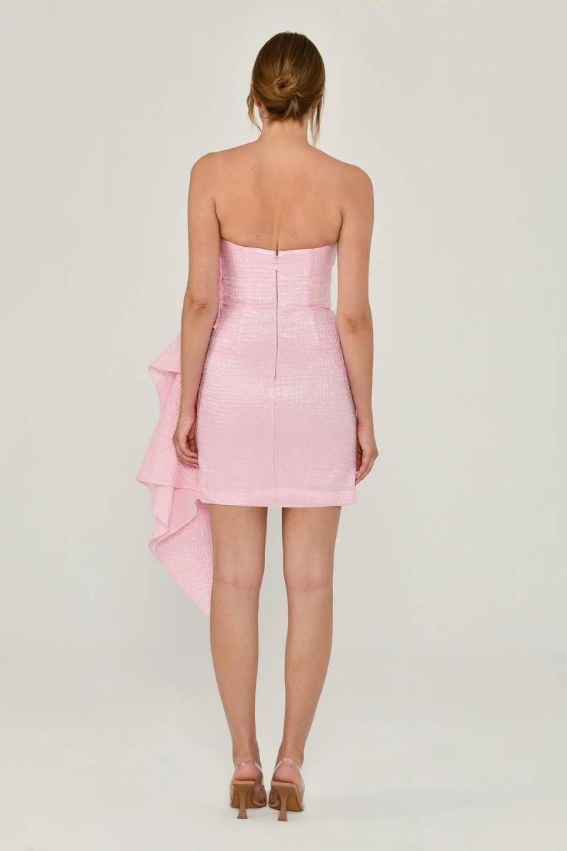 Pembe Straplez Çiçek Detaylı İşlemeli Brokar Kısa Abiye Elbise 63