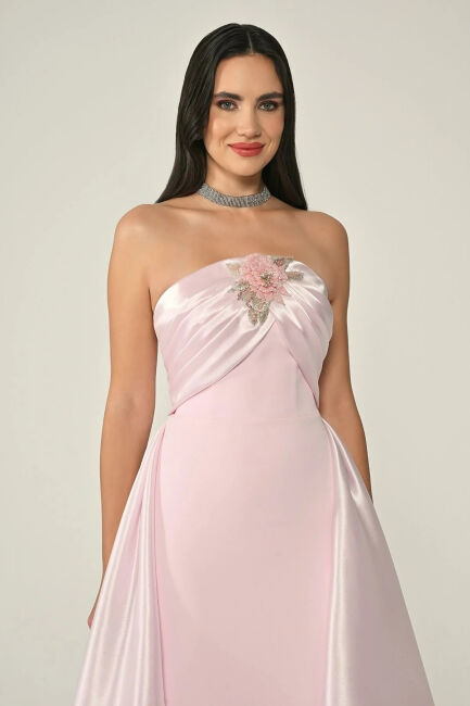 Pembe Straplez Drape Ve Taş Detaylı Krep Abiye Albise 15 - 2