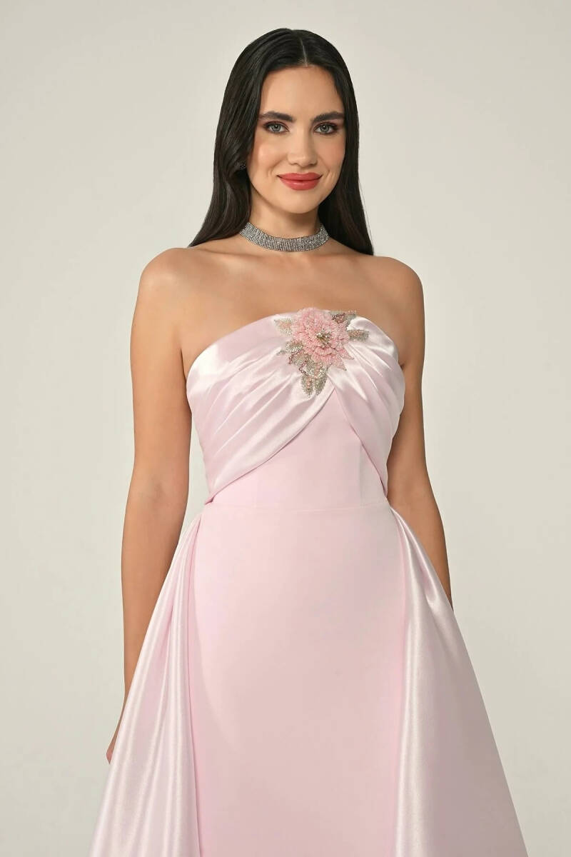 Pembe Straplez Drape Ve Taş Detaylı Krep Abiye Albise 15 - 2