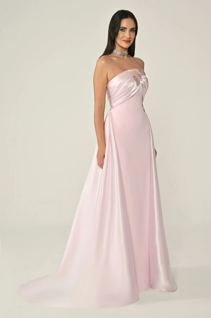 Pembe Straplez Drape Ve Taş Detaylı Krep Abiye Albise 15 - 3